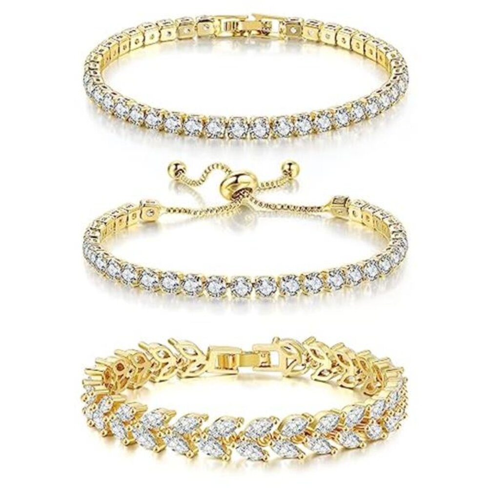 3 Pc Tennis Bracelet Set Gold Plated Cubic Zirconia Adjustable Dainty Bracelets